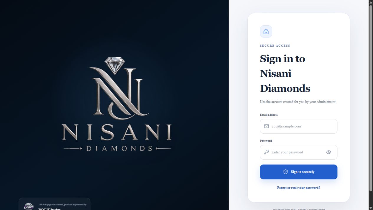 Secure Nisani Diamonds inventory application sign-in screen
