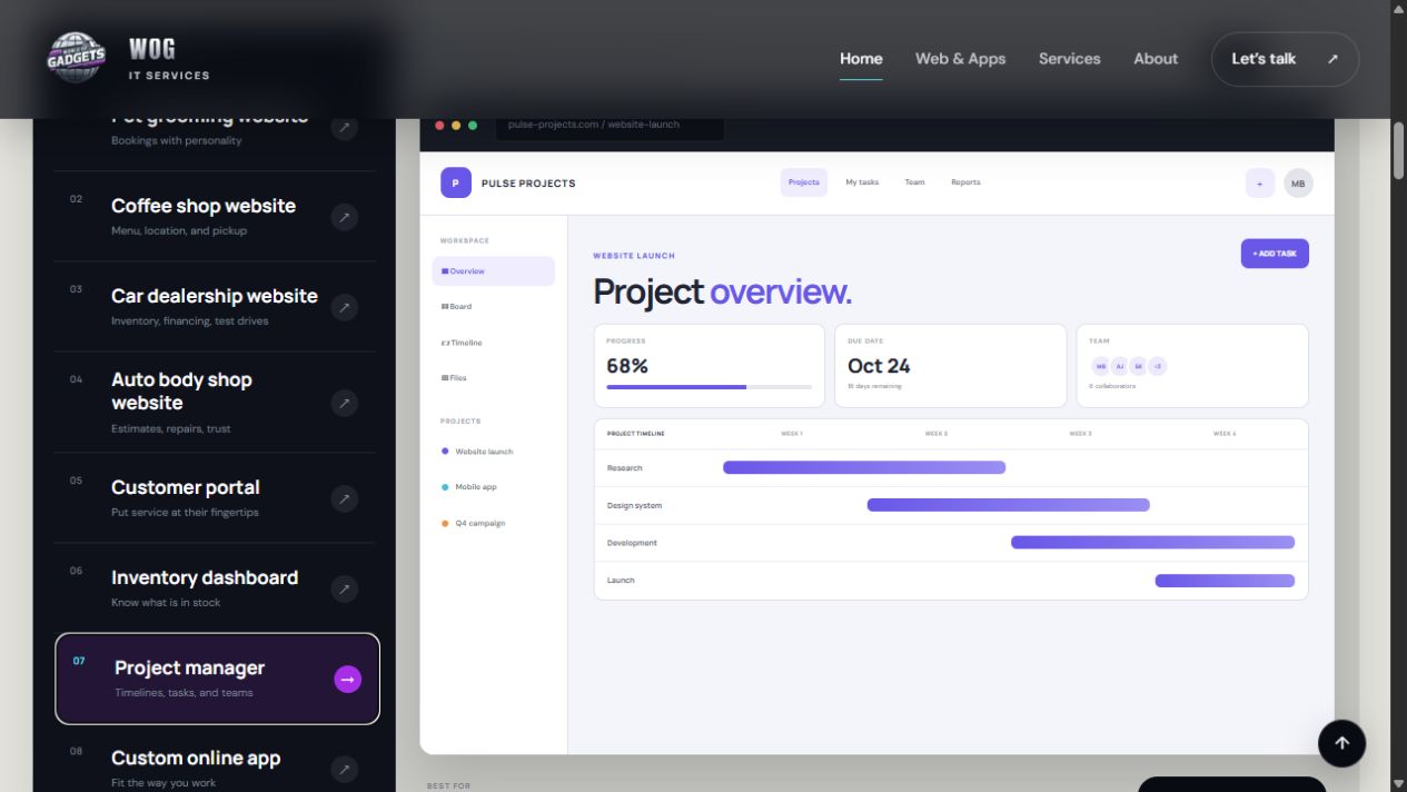 Project management workspace concept with progress and timeline views