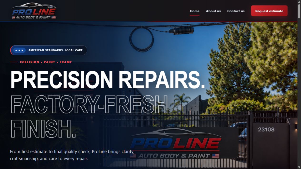ProLine Auto Body and Paint website home screen