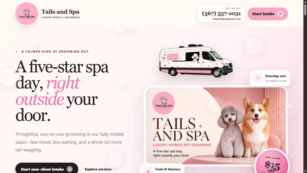 Tails and Spa luxury mobile pet grooming website home screen